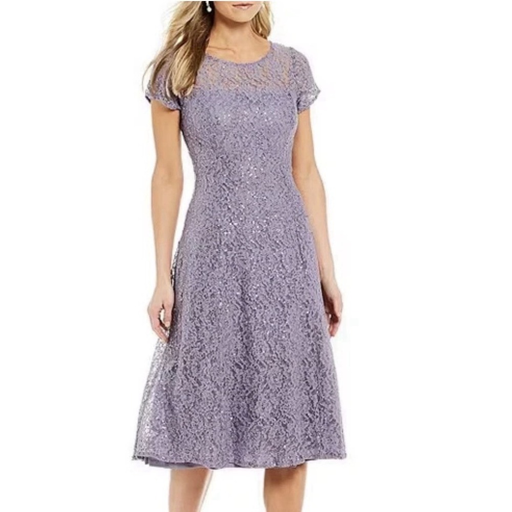 SLNY Sheer Neckline Sequin Lace Tea Length Dress Size 8 Mystic Heather